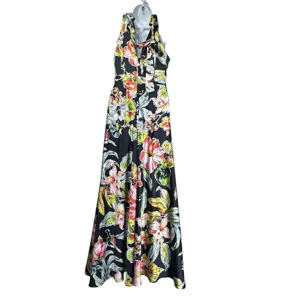 Nicole Miller New York Black Floral Print Halter Maxi Dress Size 6 - Picture 4 of 8